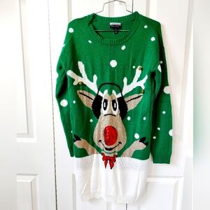 Green Snowy Rudolph Sweater Dress Medium Ugly Christmas Sweater‎ Holiday